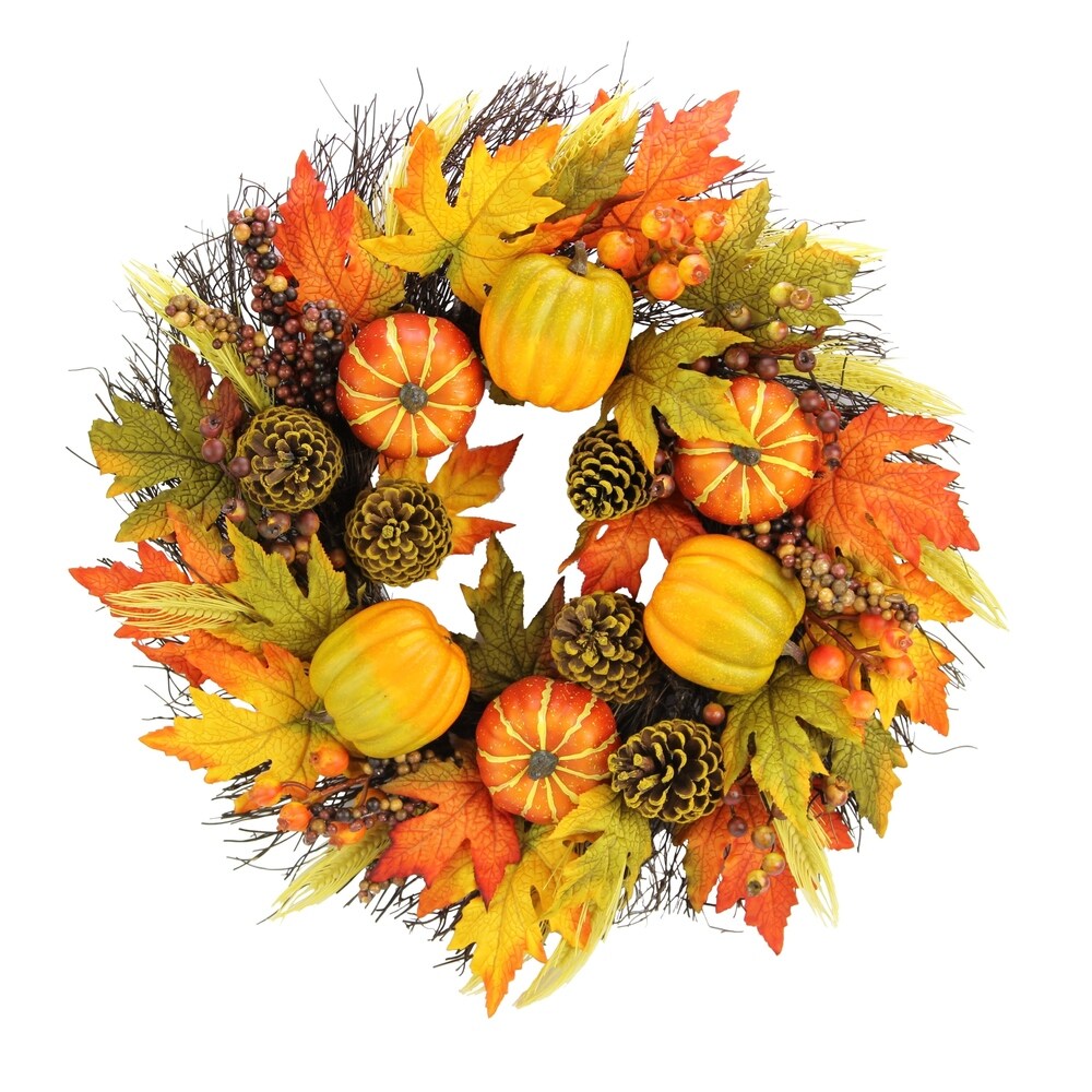 24" Faux Pumpkins, Pinecone, Maple Leaves and Berries Fall Wreath - multi-color