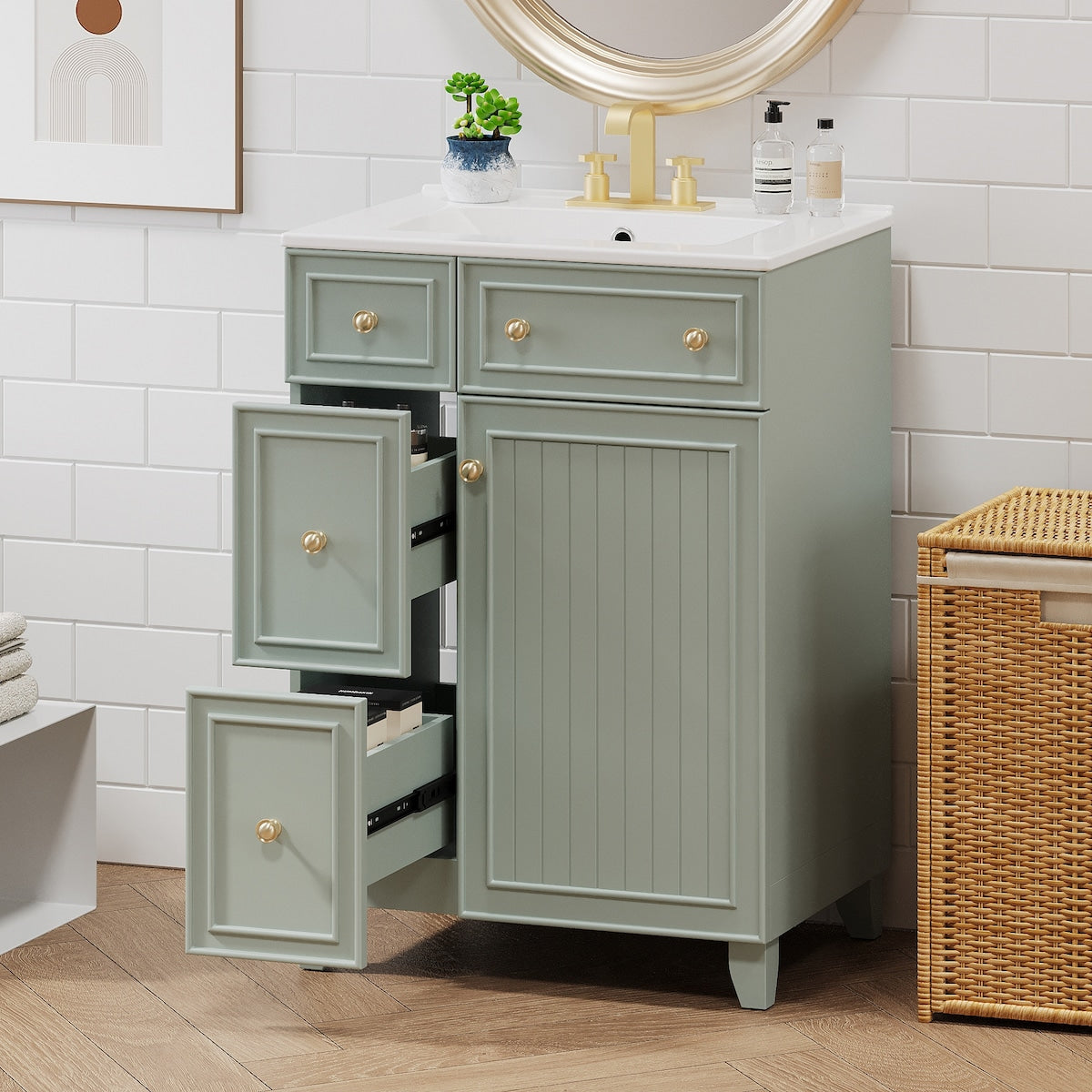 24-Inch Bathroom Vanity Cabinet with Ceramic Sink, 2 Drawers, 1 Door