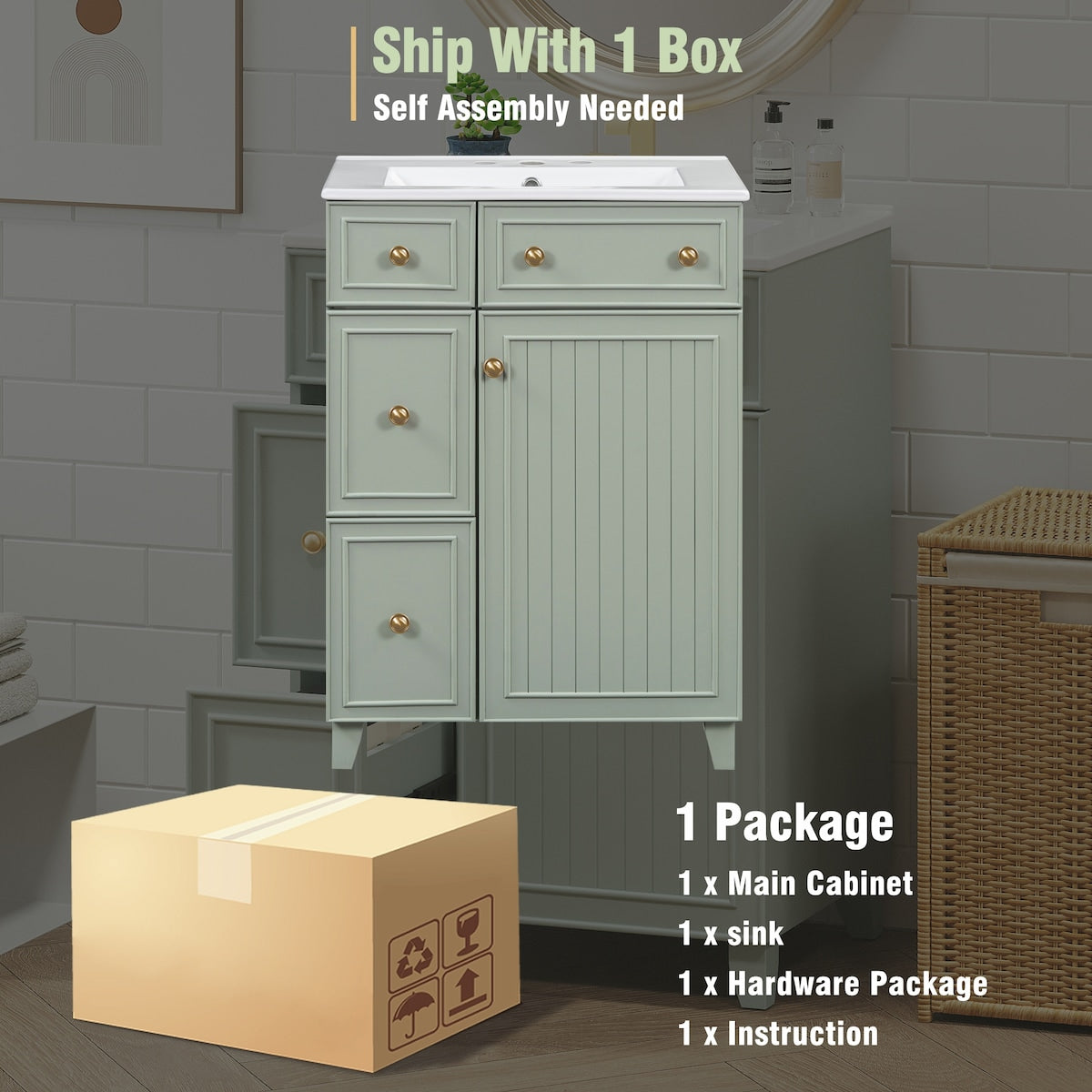 24-Inch Bathroom Vanity Cabinet with Ceramic Sink, 2 Drawers, 1 Door
