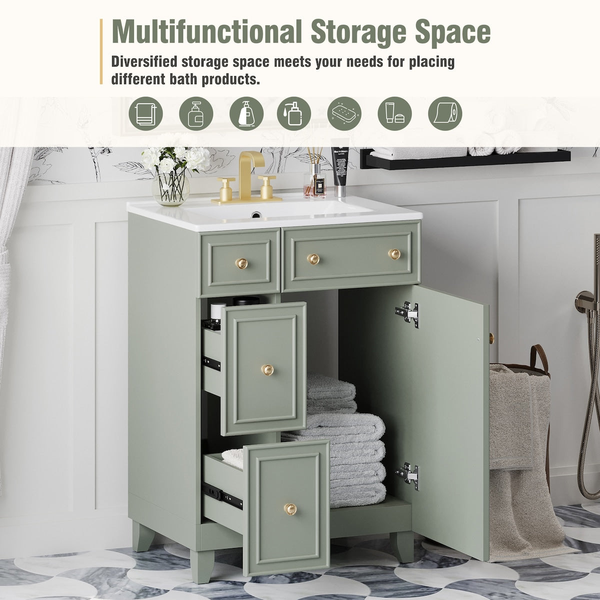 24-Inch Bathroom Vanity Cabinet with Ceramic Sink, 2 Drawers, 1 Door