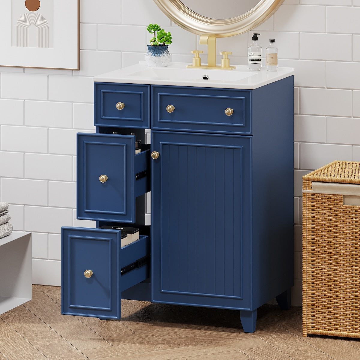 24-Inch Bathroom Vanity Cabinet with Ceramic Sink, 2 Drawers, 1 Door