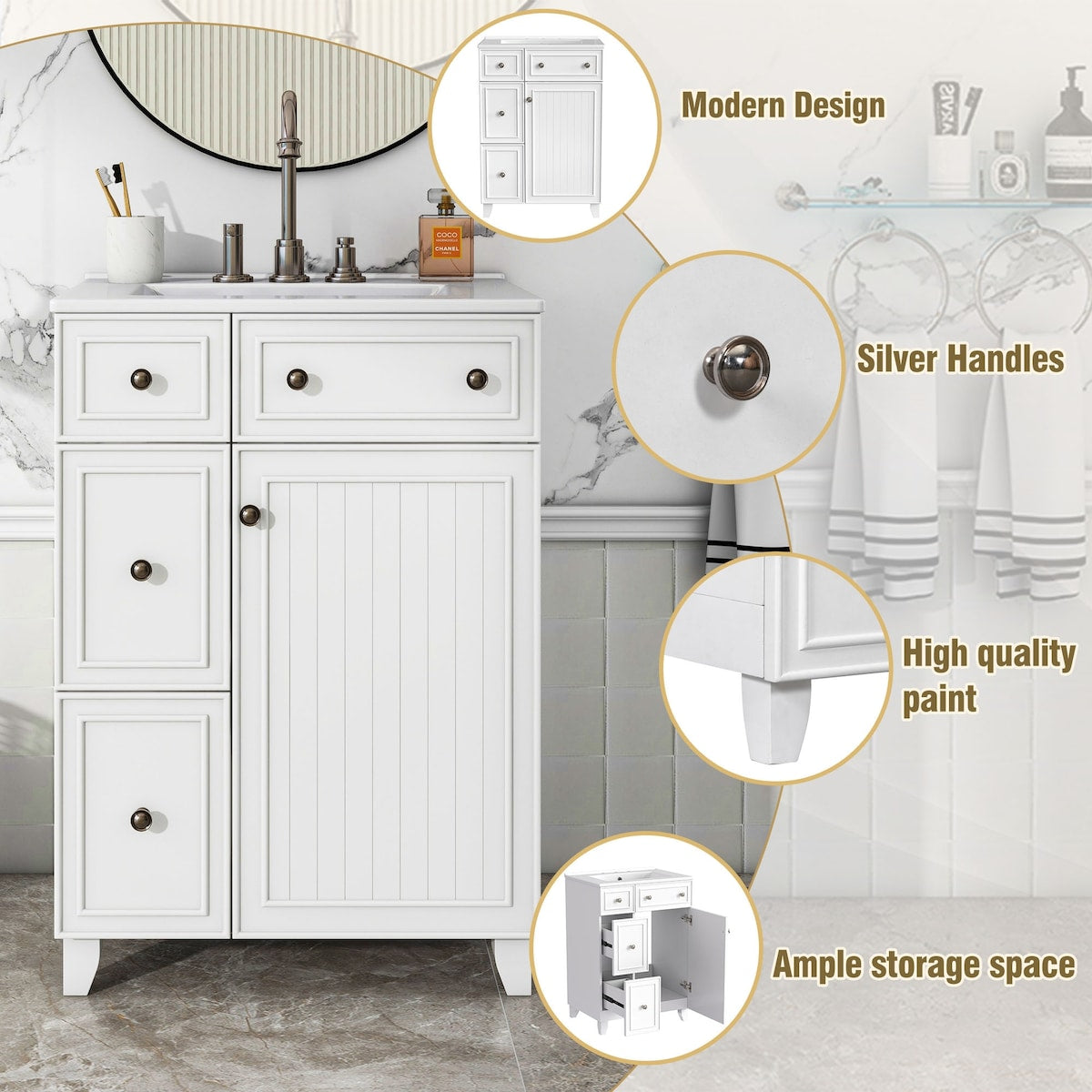 24-Inch Bathroom Vanity Cabinet with Ceramic Sink, 2 Drawers, 1 Door