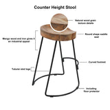 24 Inch Handcrafted Backless Barstool, Natural Brown Mango Wood Thick Saddle Seat, Black Iron Base