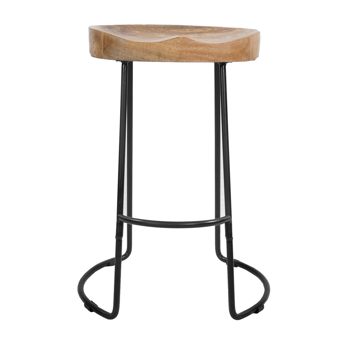 24 Inch Handcrafted Backless Barstool, Natural Brown Mango Wood Thick Saddle Seat, Black Iron Base