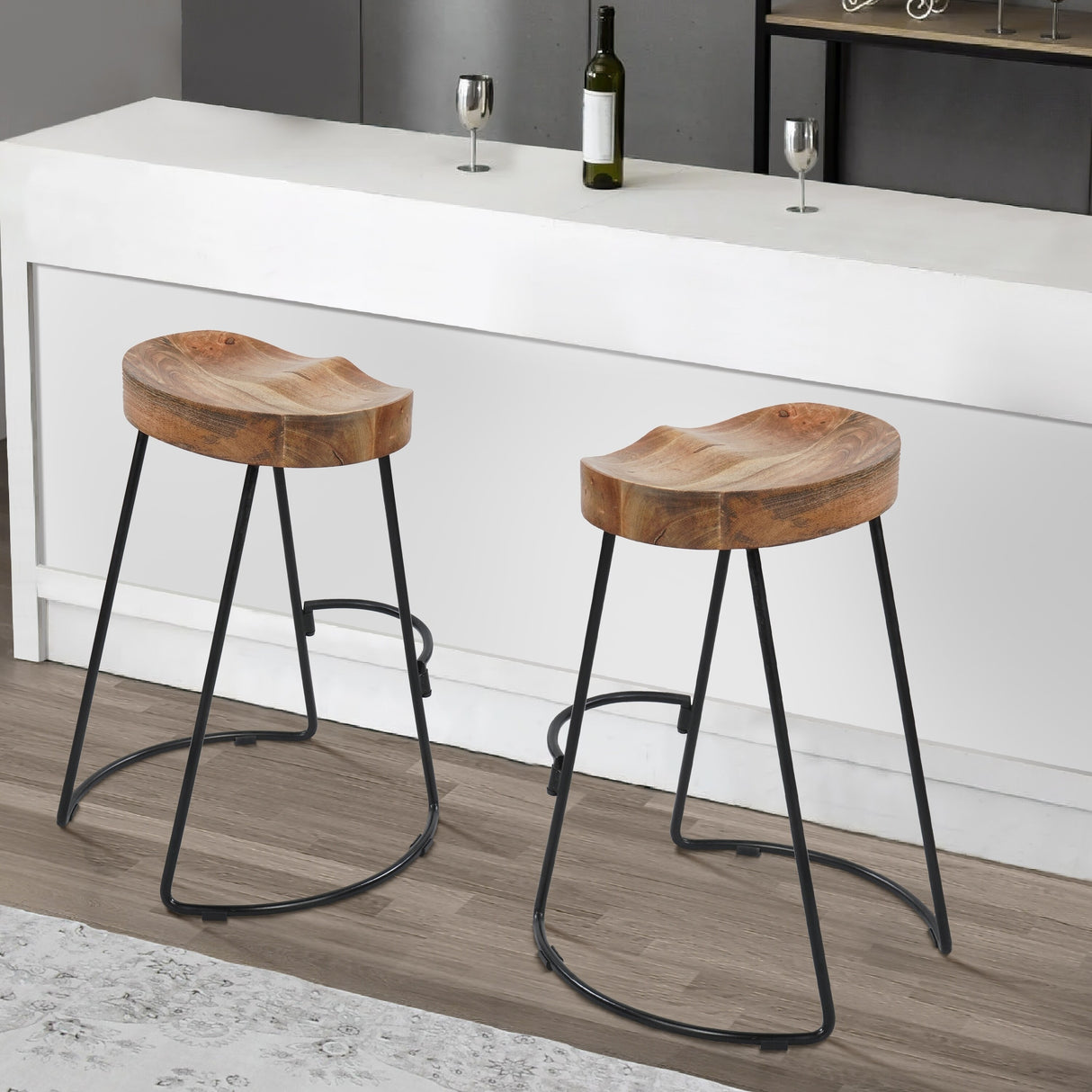 24 Inch Handcrafted Backless Barstool, Natural Brown Mango Wood Thick Saddle Seat, Black Iron Base