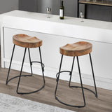 24 Inch Handcrafted Backless Barstool, Natural Brown Mango Wood Thick Saddle Seat, Black Iron Base