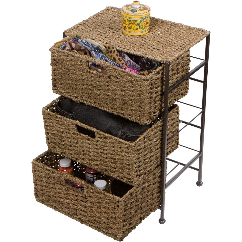 24" Seagrass and Metal 3-Drawer Storage Chest Side Table by Trademark Innovations