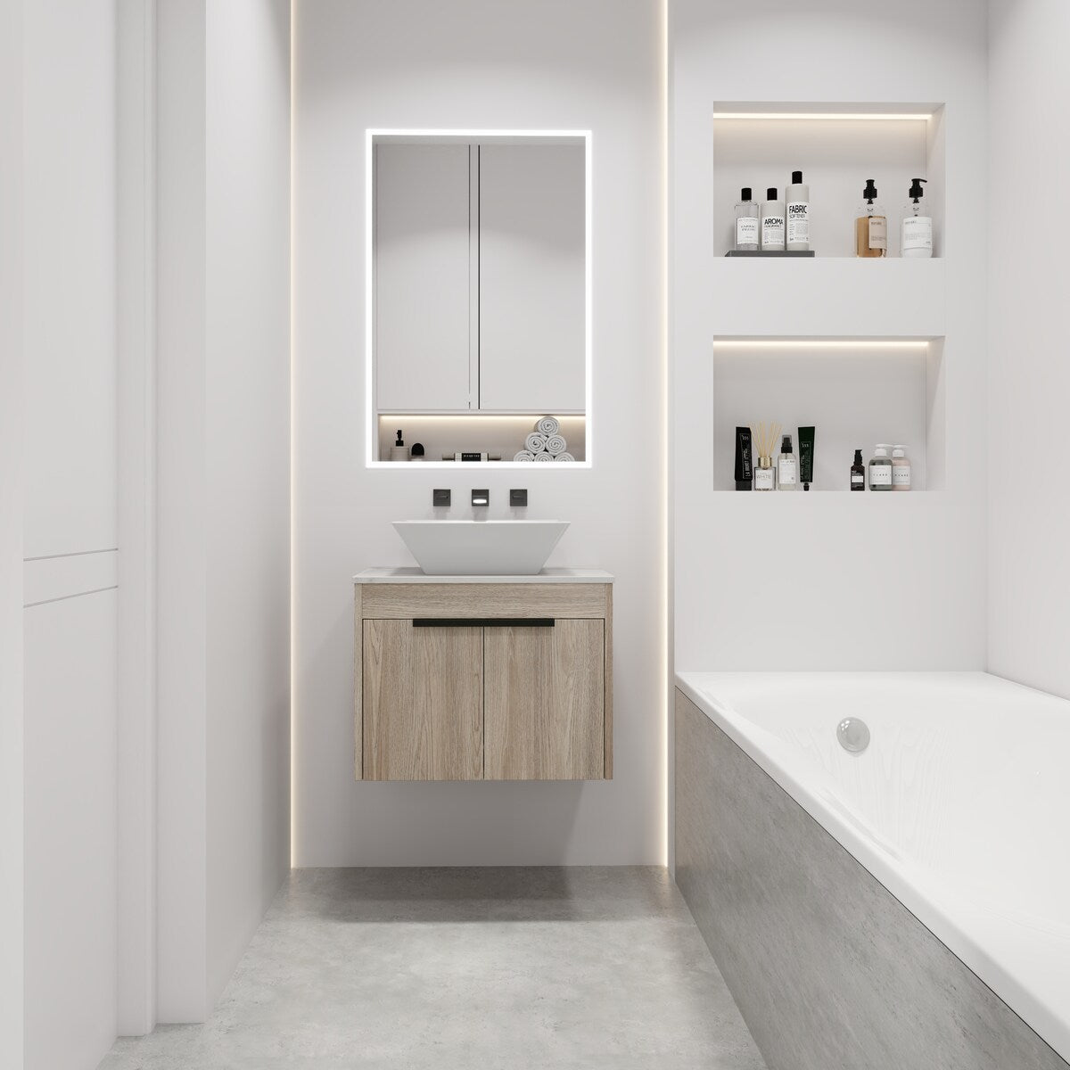 24 " Modern Design Float Bathroom Vanity With Ceramic Basin Set, Wall Mounted White Oak Vanity With Soft Close Door