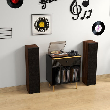 24 "W Record Player Table Holds,One Drawer Record Shelf for Albums,Black Audio Holder