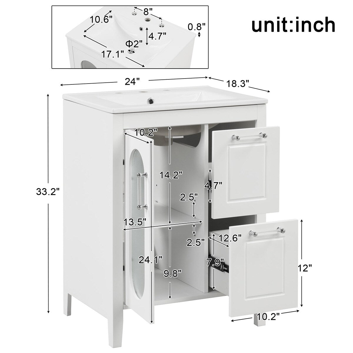 24 in. W x 33 in. H Solid Wood and MDF Bathroom Vanity with Ceramic Sink, Door and Drawers