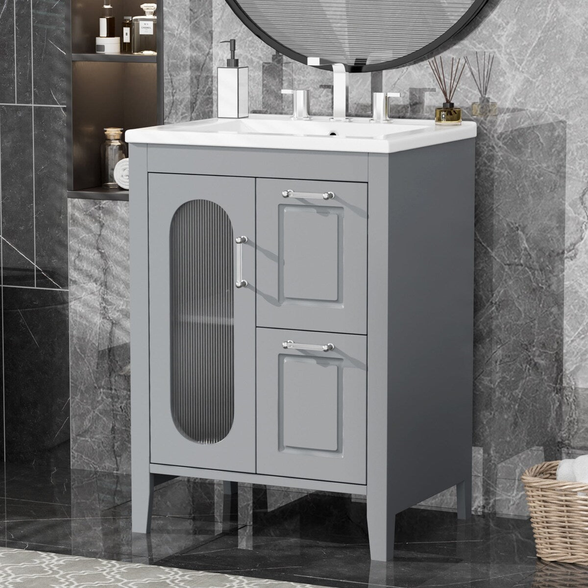 24 in. W x 33 in. H Solid Wood and MDF Bathroom Vanity with Ceramic Sink, Door and Drawers