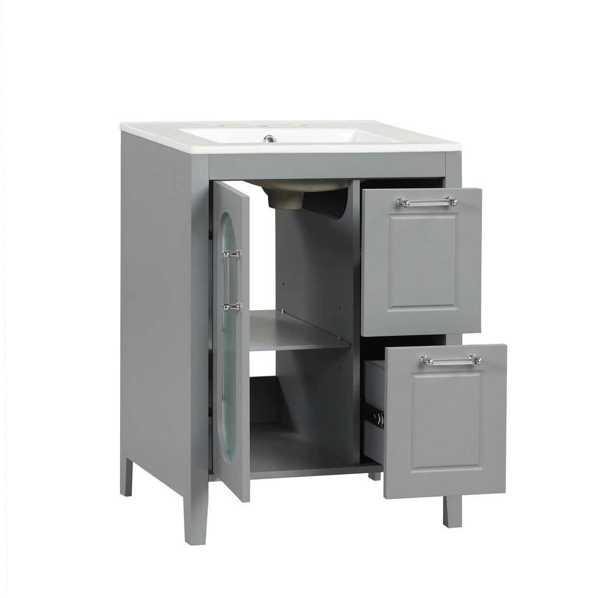 24 in. W x 33 in. H Solid Wood and MDF Bathroom Vanity with Ceramic Sink, Door and Drawers
