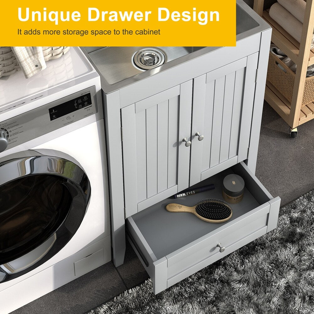 24 inch Laundry Cabinet Utility Sink Vanity, Stainless Steel Sink, Faucet and Cabinet Combo - N/A