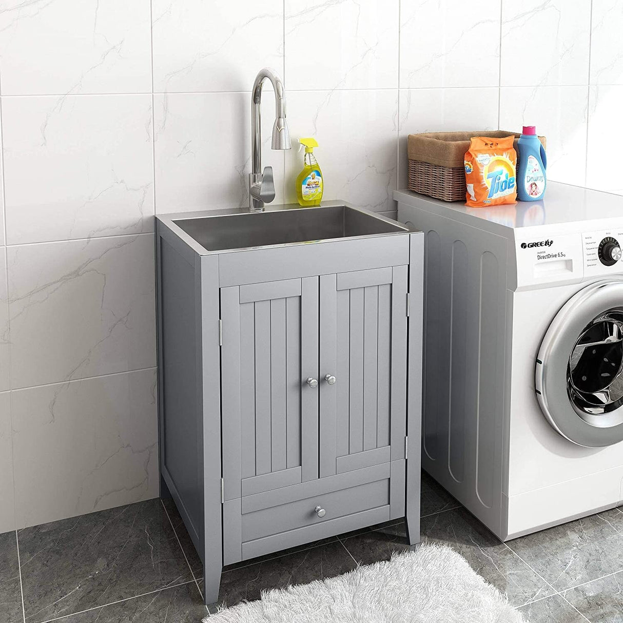 24 inch Laundry Cabinet Utility Sink Vanity, Stainless Steel Sink, Faucet and Cabinet Combo - N/A