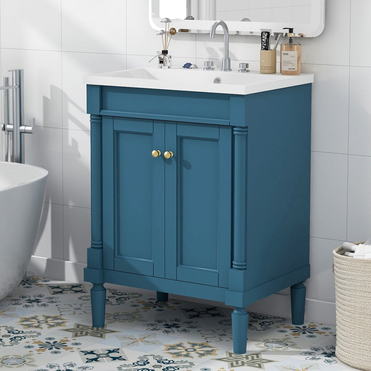 24 inch MDF Freestanding Bathroom Vanity in Blue without Counter Top