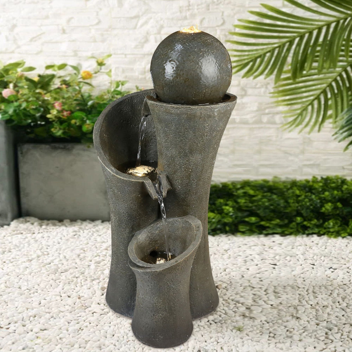 24-inch Outdoor Sphere Water Fountain with Lights, 5-Tier