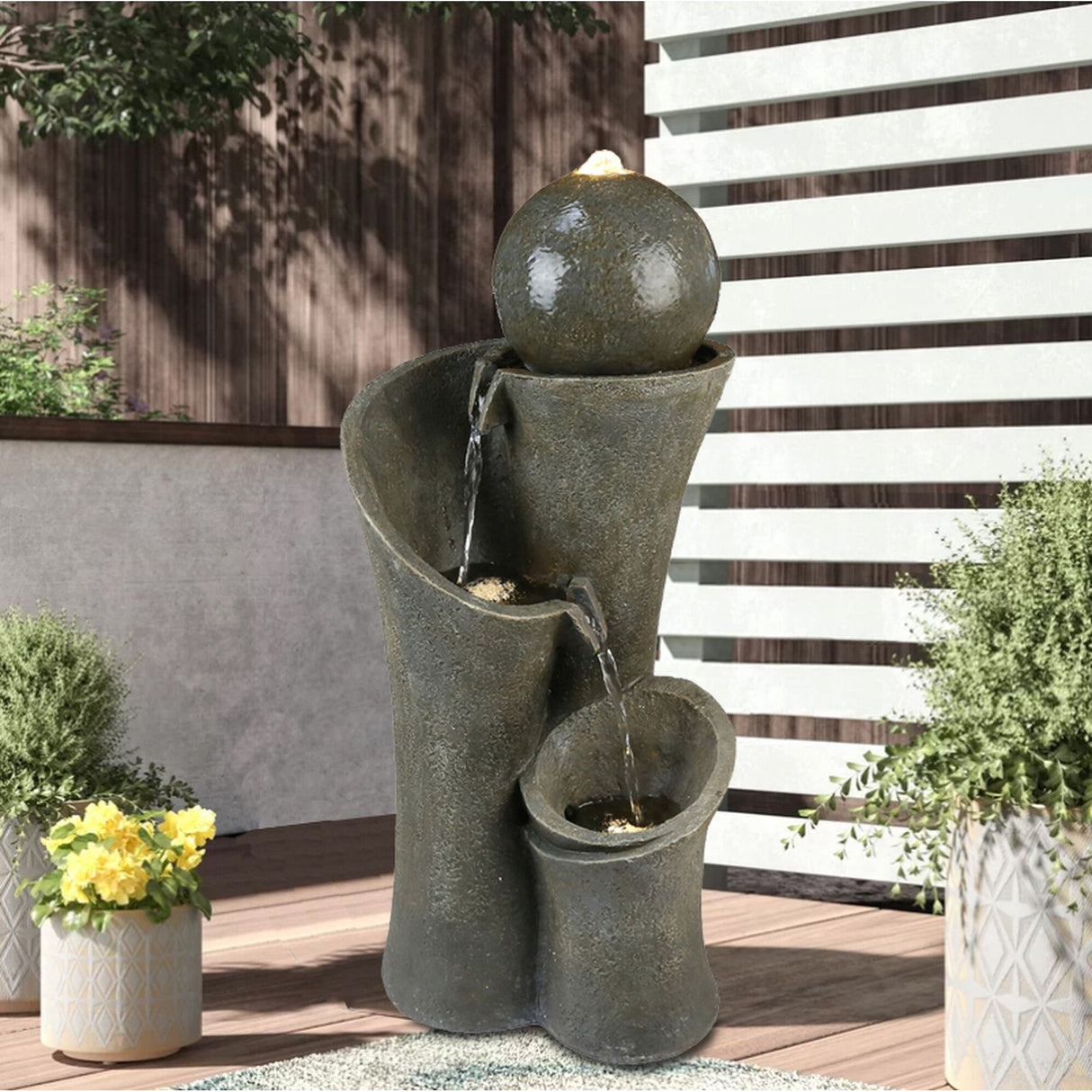24-inch Outdoor Sphere Water Fountain with Lights, 5-Tier