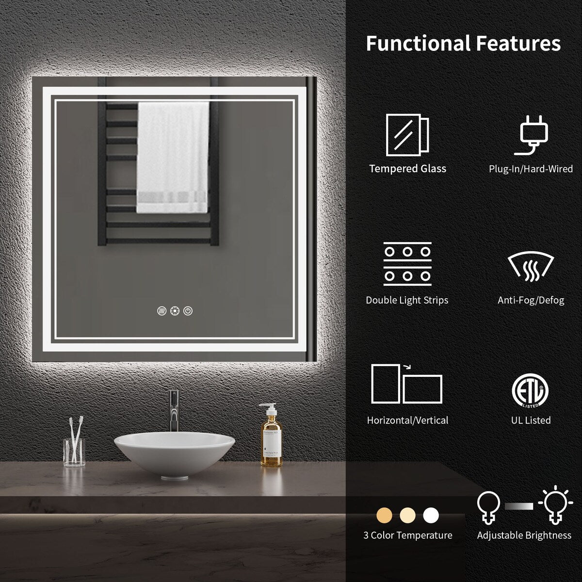 Durx-litecrete Inch Bathroom Vanity Mirror with Dual LED Light Strips