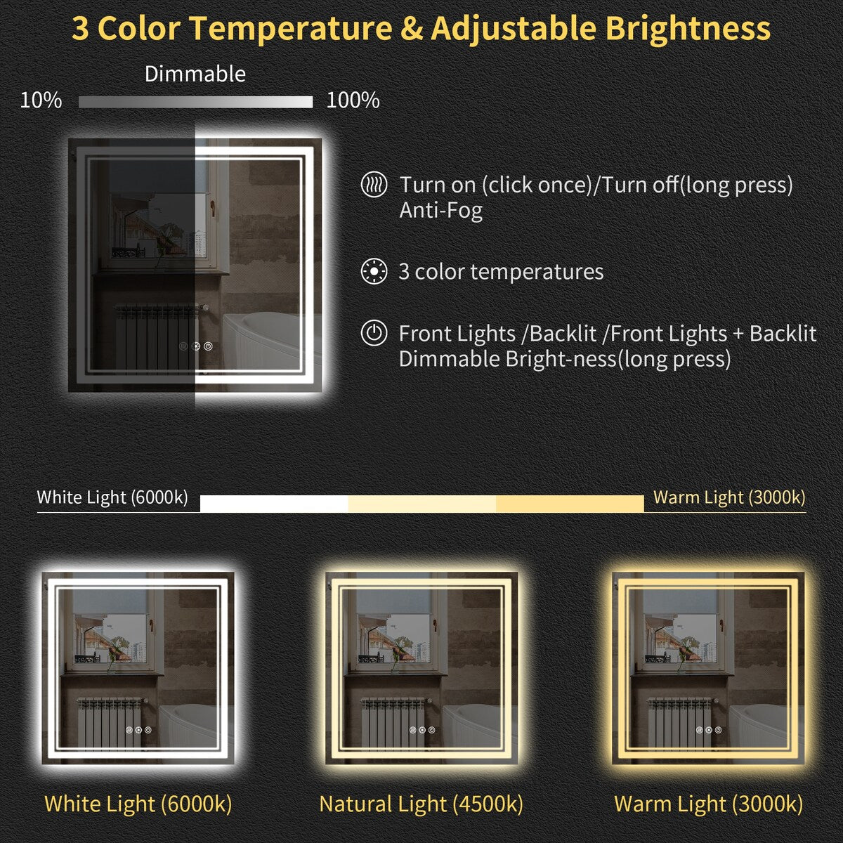 Durx-litecrete Inch Bathroom Vanity Mirror with Dual LED Light Strips