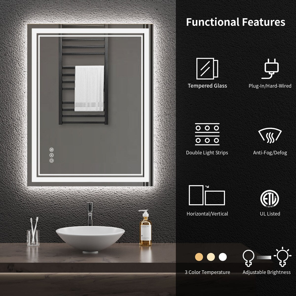 Durx-litecrete Inch Bathroom Vanity Mirror with Dual LED Light Strips