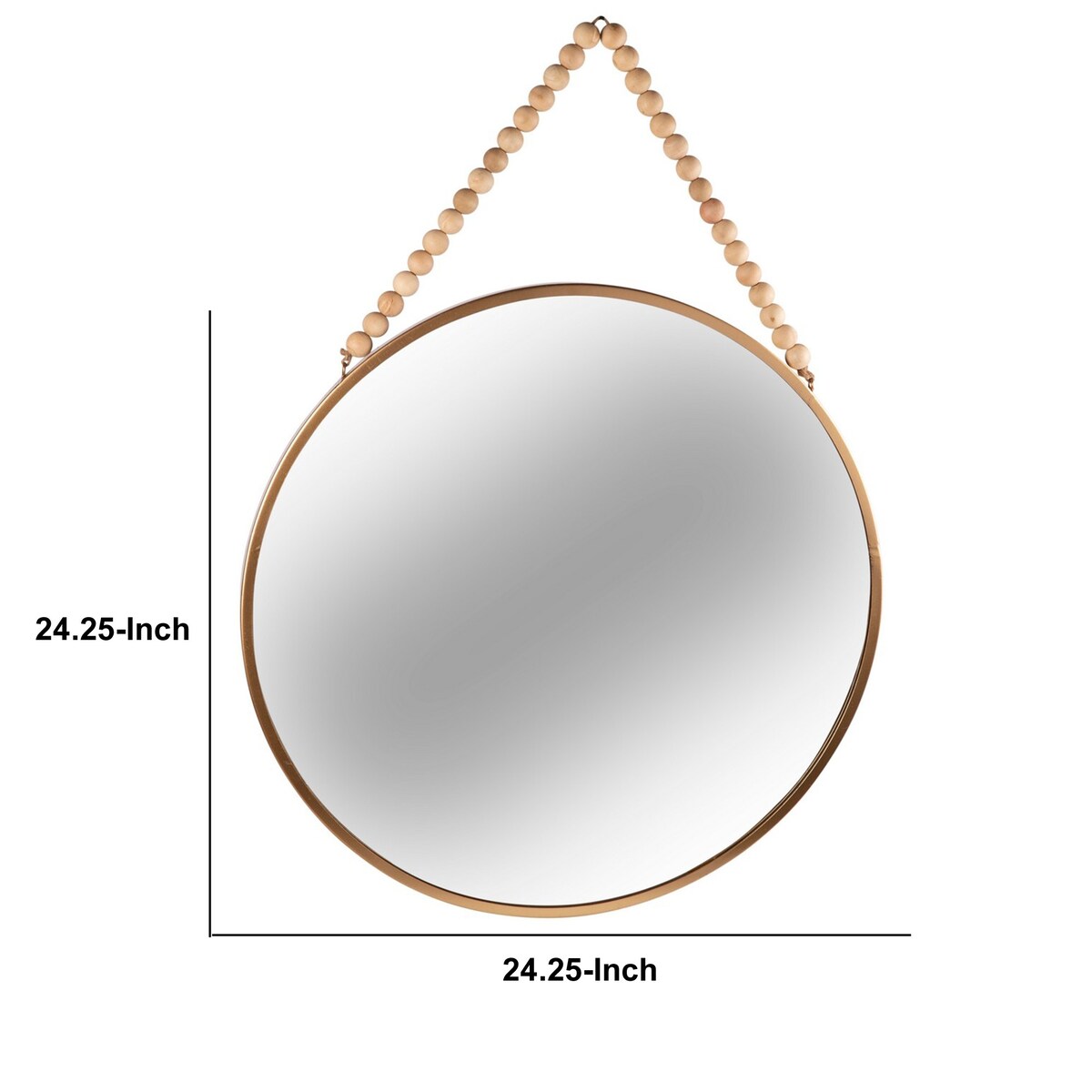 24.25 Inches Round Metal Wall Mirror with Beaded Hanger, Gold