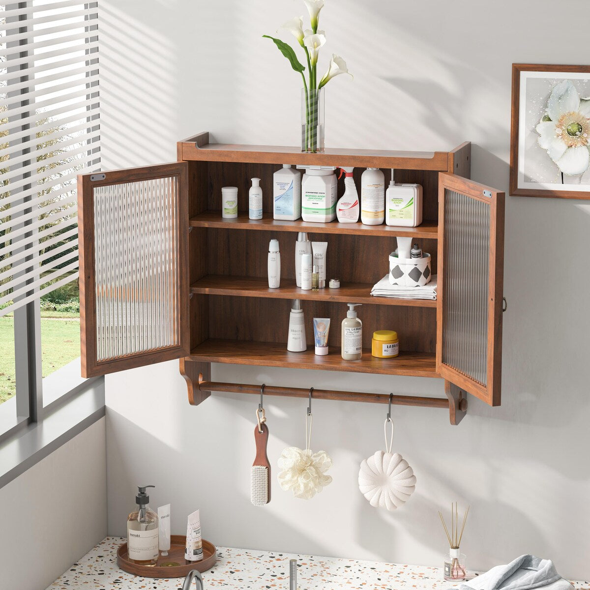 24.8 in. W x 7 in. D x 23.62 in. H Bathroom Storage Wall Cabinet Double Glass Door with 3 Shelves & Towel Rack