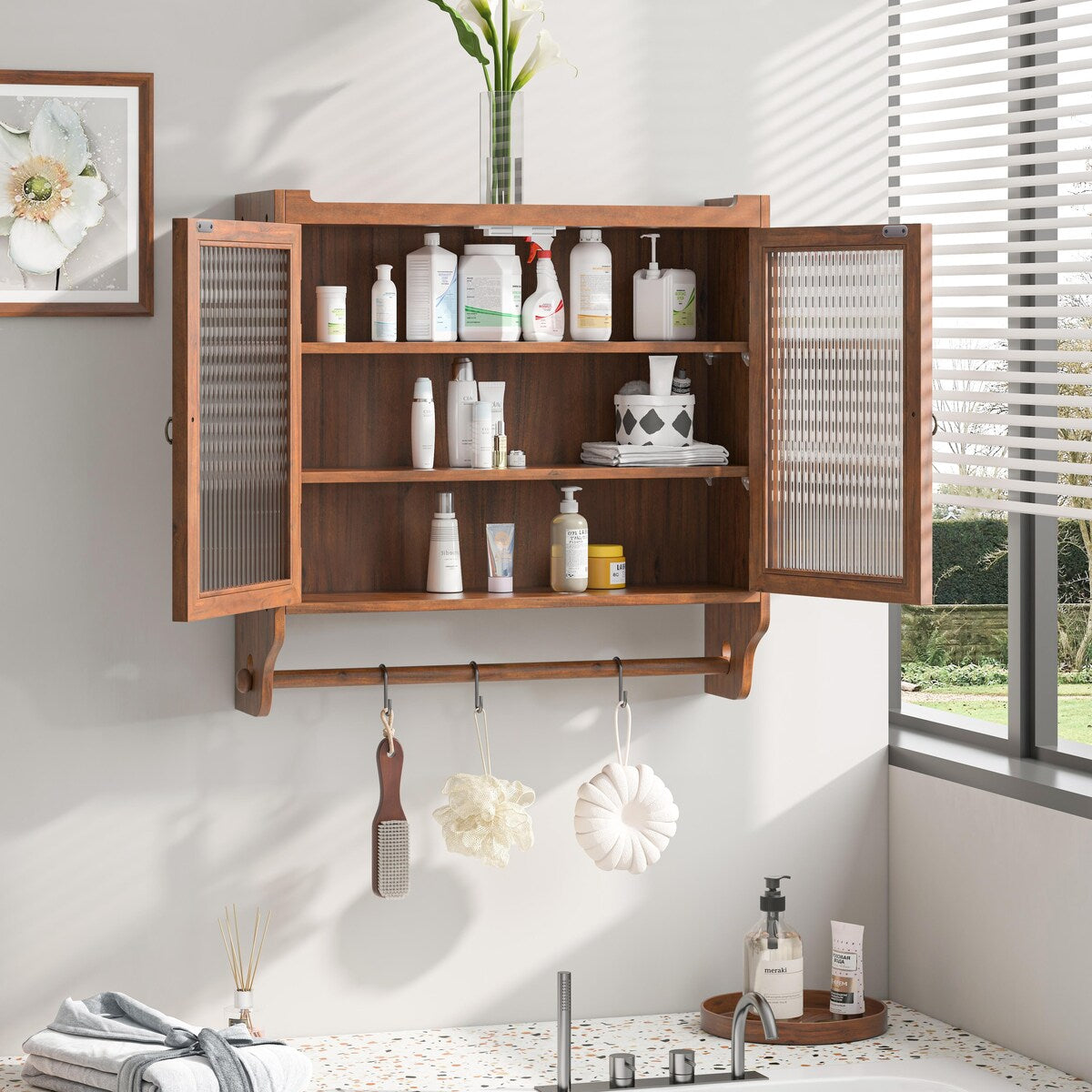 24.8 in. W x 7 in. D x 23.62 in. H Bathroom Storage Wall Cabinet Double Glass Door with 3 Shelves & Towel Rack