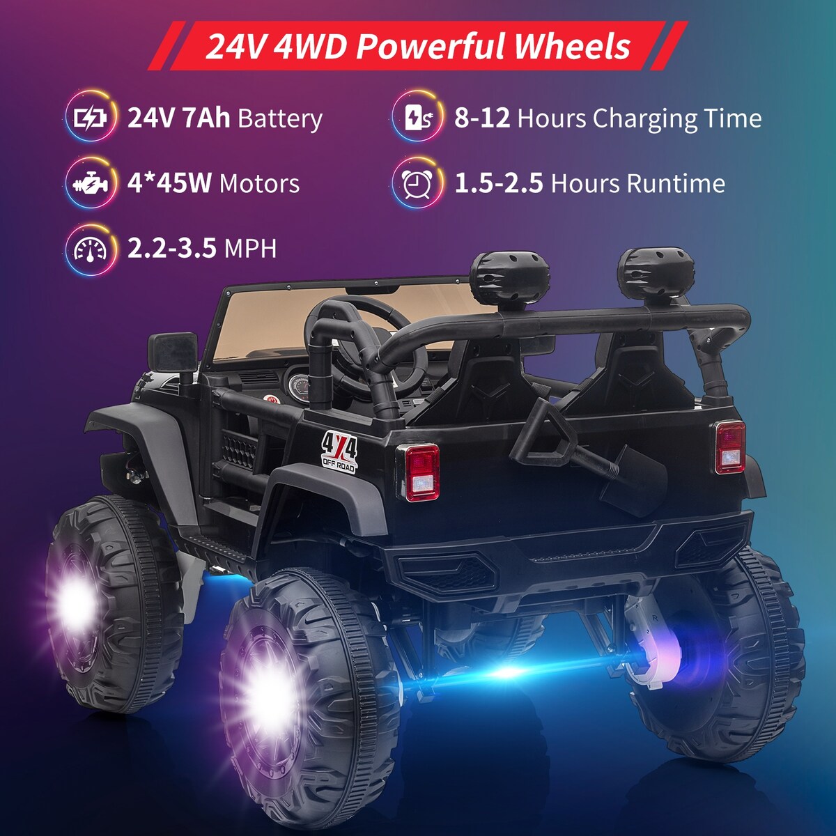 24V Kids Ride on Truck with Remote Control, 4 Motors, 7Ah Battery, Seat Width 2 Seater Electric Ride Toy