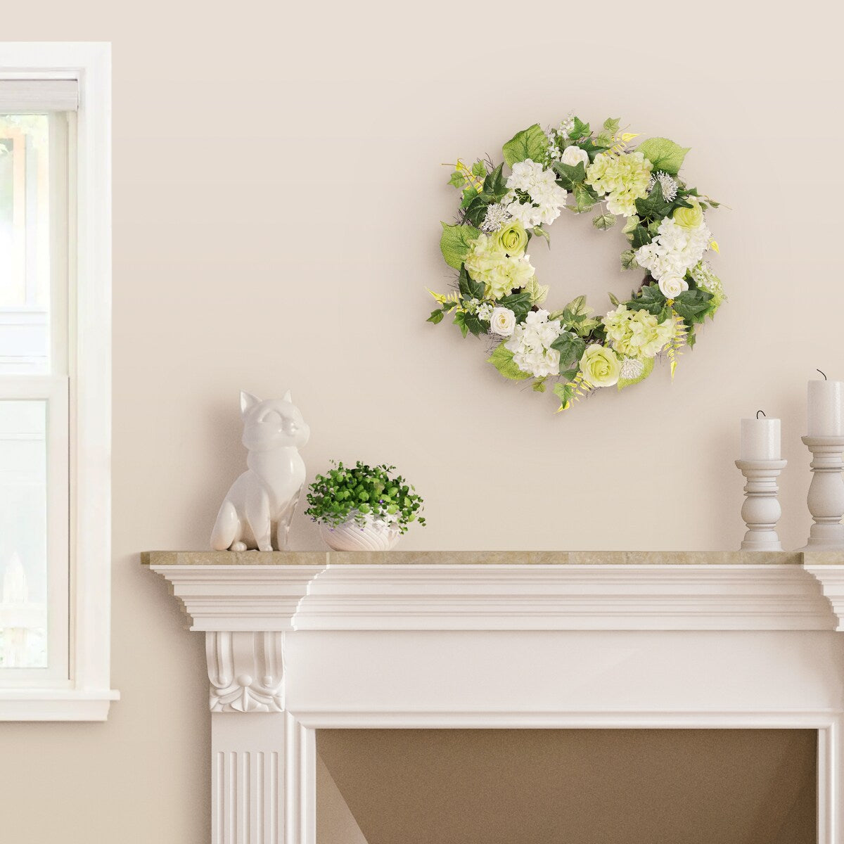 24" Artificial Hygrangea,Rose Floral Spring Wreath With Green Leaves