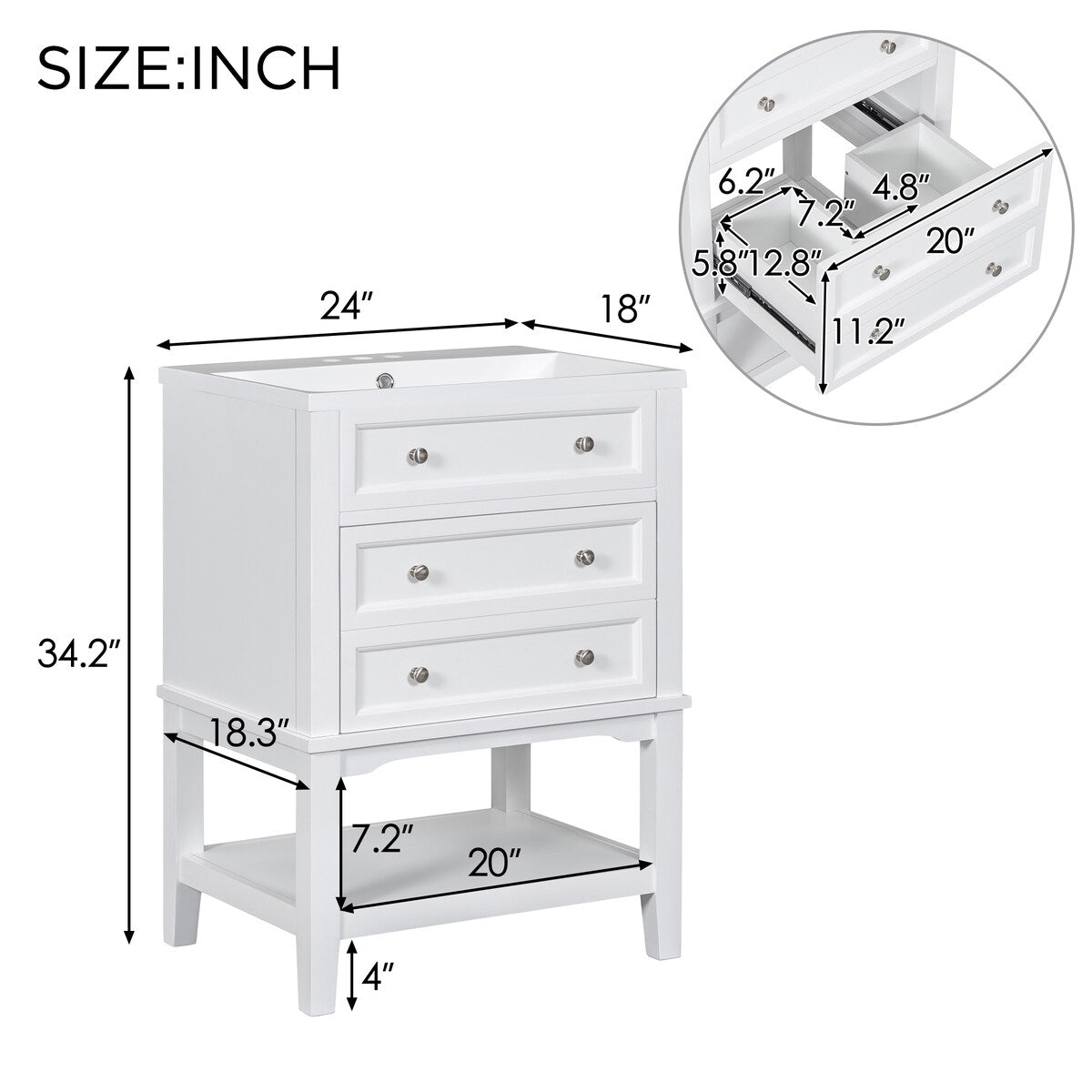 24" Bathroom Vanity With Sink, Drawer and Open Shelf