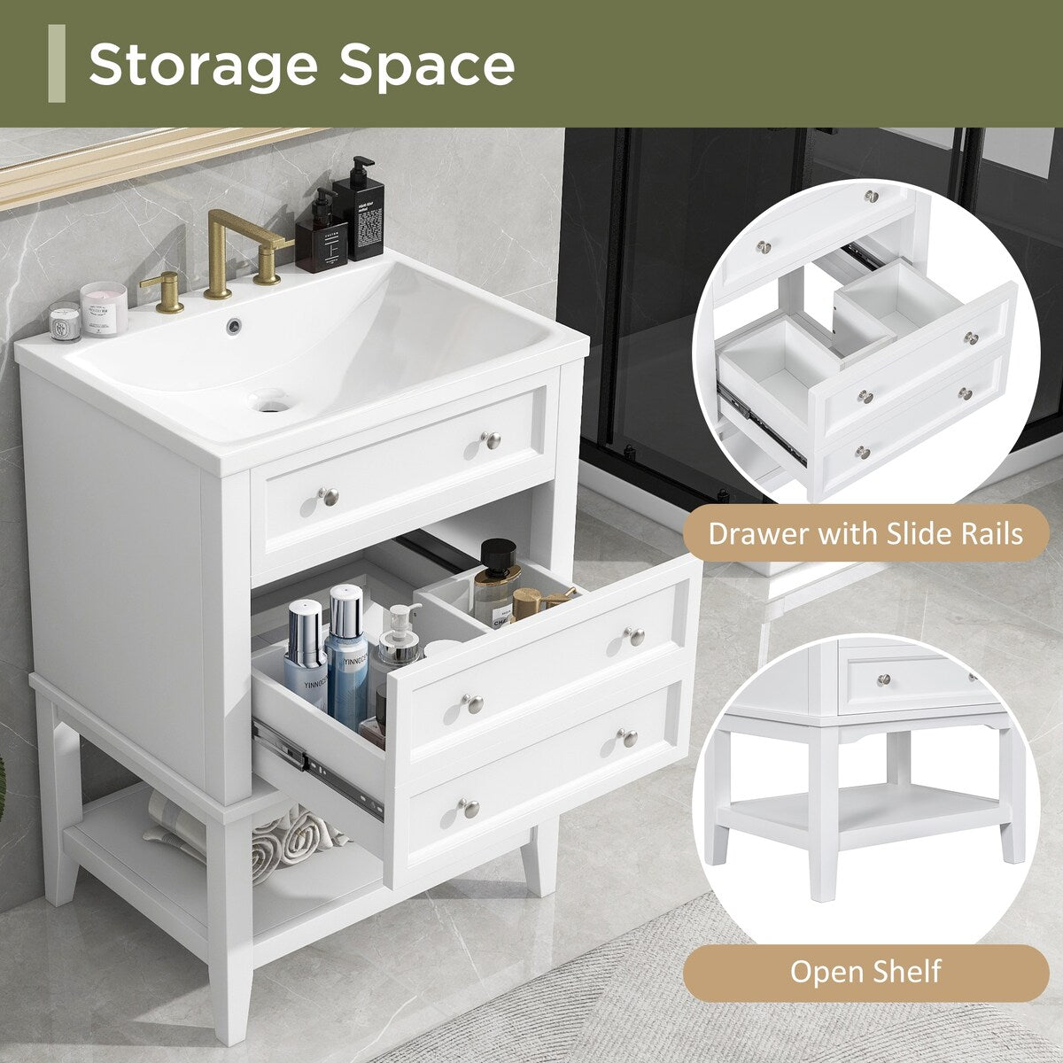 24" Bathroom Vanity With Sink, Drawer and Open Shelf