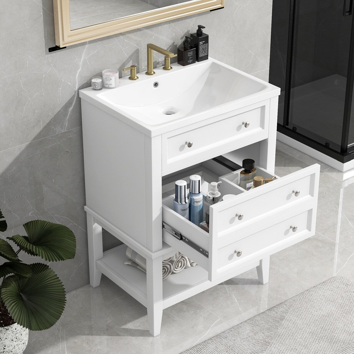 24" Bathroom Vanity With Sink, Drawer and Open Shelf