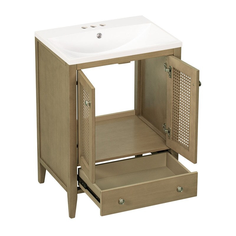 24" Bathroom Vanity with Ceramic Basin, Rattan Bathroom Storage Cabinet with Two Doors and Drawer