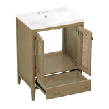 24" Bathroom Vanity with Ceramic Basin, Rattan Bathroom Storage Cabinet with Two Doors and Drawer