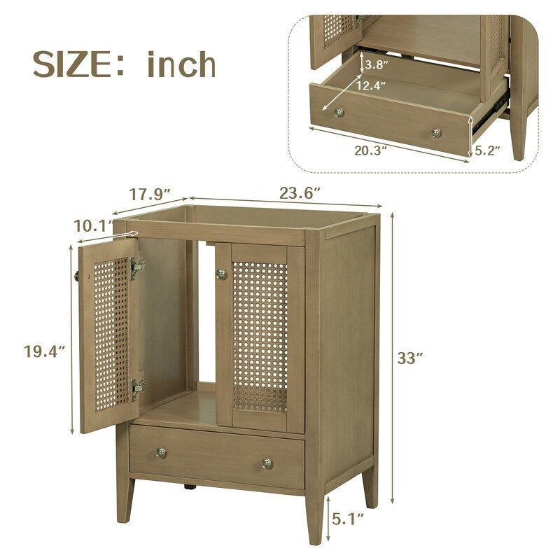 24" Bathroom Vanity with Ceramic Basin, Rattan Bathroom Storage Cabinet with Two Doors and Drawer