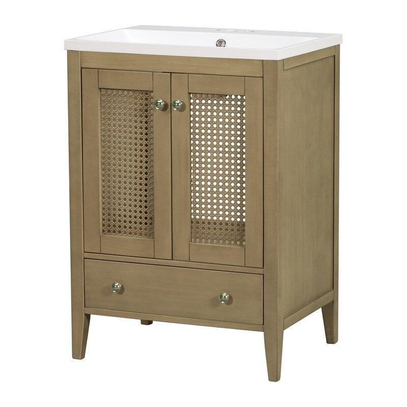 24" Bathroom Vanity with Ceramic Basin, Rattan Bathroom Storage Cabinet with Two Doors and Drawer