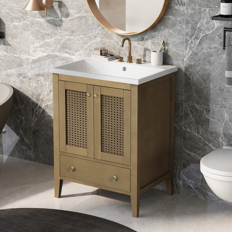 24" Bathroom Vanity with Ceramic Basin, Rattan Bathroom Storage Cabinet with Two Doors and Drawer