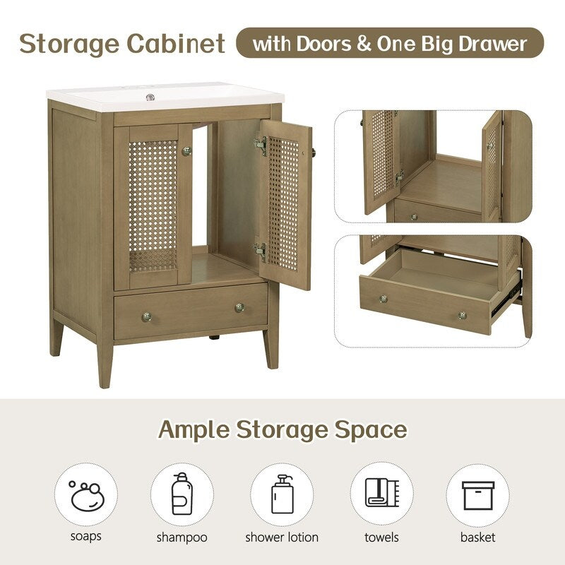 24" Bathroom Vanity with Ceramic Basin, Rattan Bathroom Storage Cabinet with Two Doors and Drawer