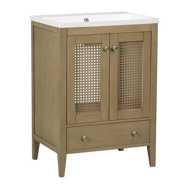 24" Bathroom Vanity with Ceramic Basin, Rattan Bathroom Storage Cabinet with Two Doors and Drawer