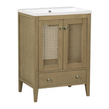24" Bathroom Vanity with Ceramic Basin, Rattan Bathroom Storage Cabinet with Two Doors and Drawer