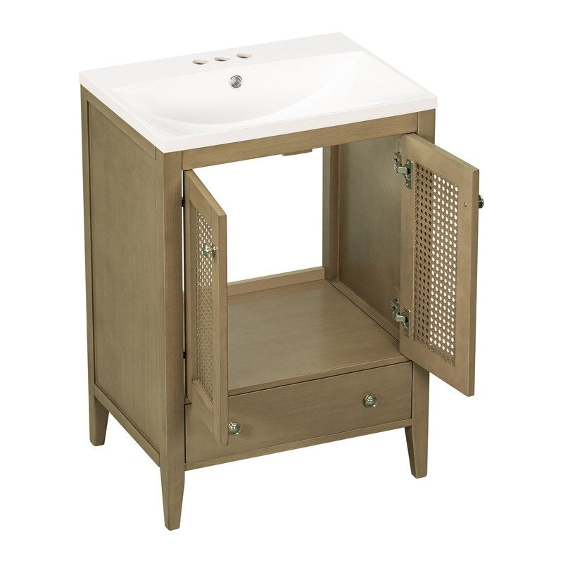 24" Bathroom Vanity with Ceramic Basin, Rattan Bathroom Storage Cabinet with Two Doors and Drawer