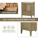 24" Bathroom Vanity with Ceramic Basin, Rattan Bathroom Storage Cabinet with Two Doors and Drawer