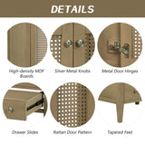 24" Bathroom Vanity with Ceramic Basin, Rattan Bathroom Storage Cabinet with Two Doors and Drawer