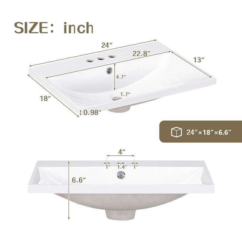 24" Bathroom Vanity with Ceramic Basin, Rattan Bathroom Storage Cabinet with Two Doors and Drawer