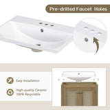 24" Bathroom Vanity with Ceramic Basin, Rattan Bathroom Storage Cabinet with Two Doors and Drawer