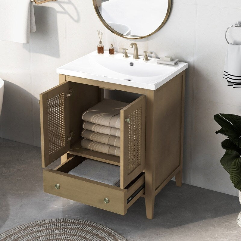 24" Bathroom Vanity with Ceramic Basin, Rattan Bathroom Storage Cabinet with Two Doors and Drawer