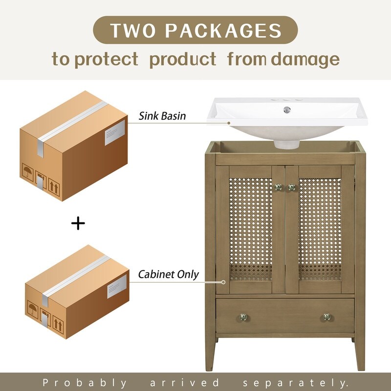 24" Bathroom Vanity with Ceramic Basin, Rattan Bathroom Storage Cabinet with Two Doors and Drawer