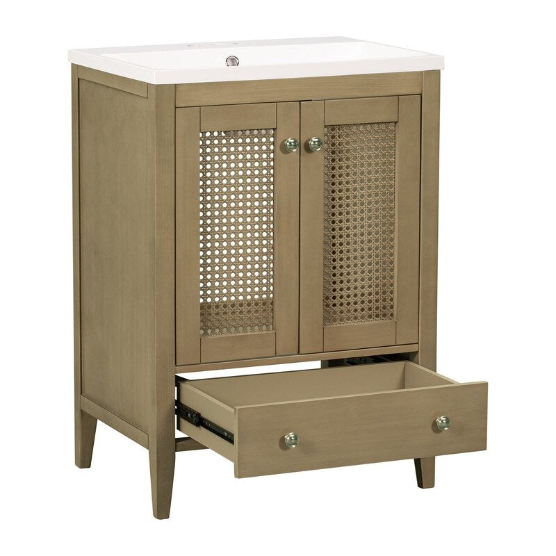24" Bathroom Vanity with Ceramic Basin, Rattan Bathroom Storage Cabinet with Two Doors and Drawer
