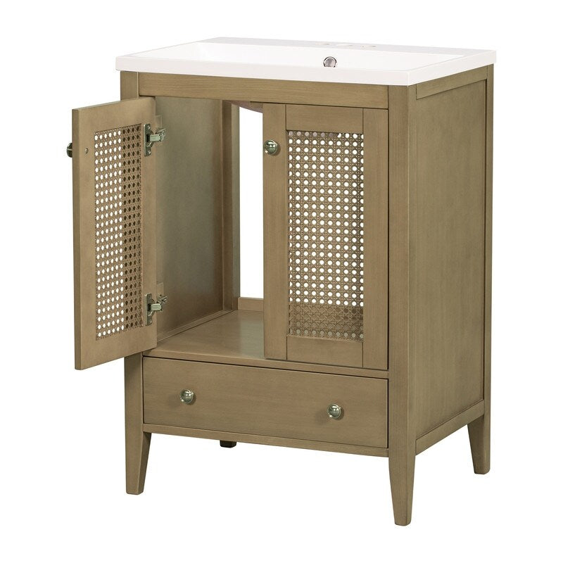 24" Bathroom Vanity with Ceramic Basin, Rattan Bathroom Storage Cabinet with Two Doors and Drawer