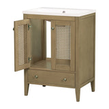 24" Bathroom Vanity with Ceramic Basin, Rattan Bathroom Storage Cabinet with Two Doors and Drawer